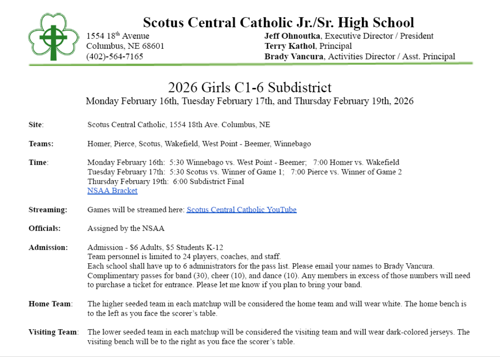 Girls Basketball Sub-District Brackets have been released! 🏀 West Point-Beemer will compete in Subdistrict C1-6 at Scotus Central Catholic. They will play in Game 1 vs Winnebago on Monday, February 16th at 5:30PM. Please see attachments for more information from the host school. #cadetpride⚔️