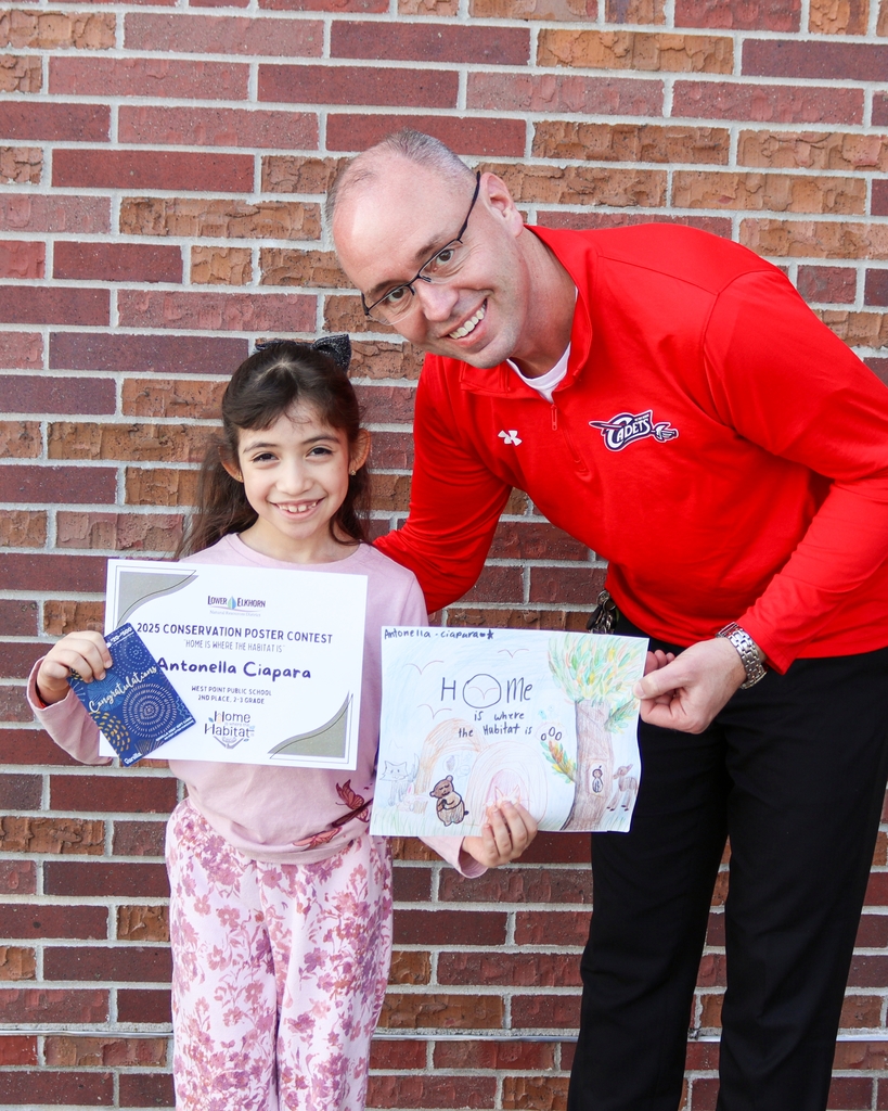 Antonella Ciapara, West Point Elementary 2nd grader, was selected as the 2nd place winner in the Lower Elkhorn Natural Resources District 2025 Conservation Poster Contest!  The drawing incorporated the theme “Home is where the Habitat is”.  She also received a $20 gift card. Congratulations, Antonella!  #cadetpride⚔️
