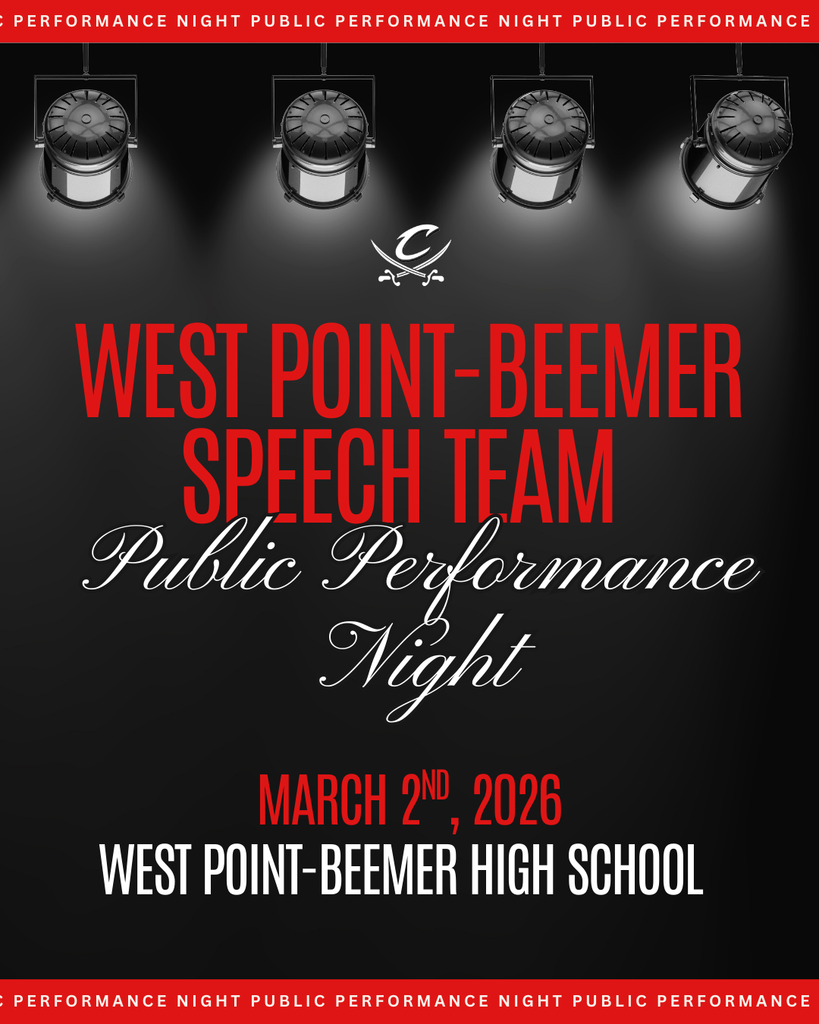 Join us for the West Point-Beemer Speech Team Public Performance Night! 🗣️  Enjoy an evening of powerful performances and talent from our Cadets! Come support our students as they showcase the hard work they’ve put into their events this season and help them prepare for districts.   We’d love to see you there! 👏  #cadetpride⚔️