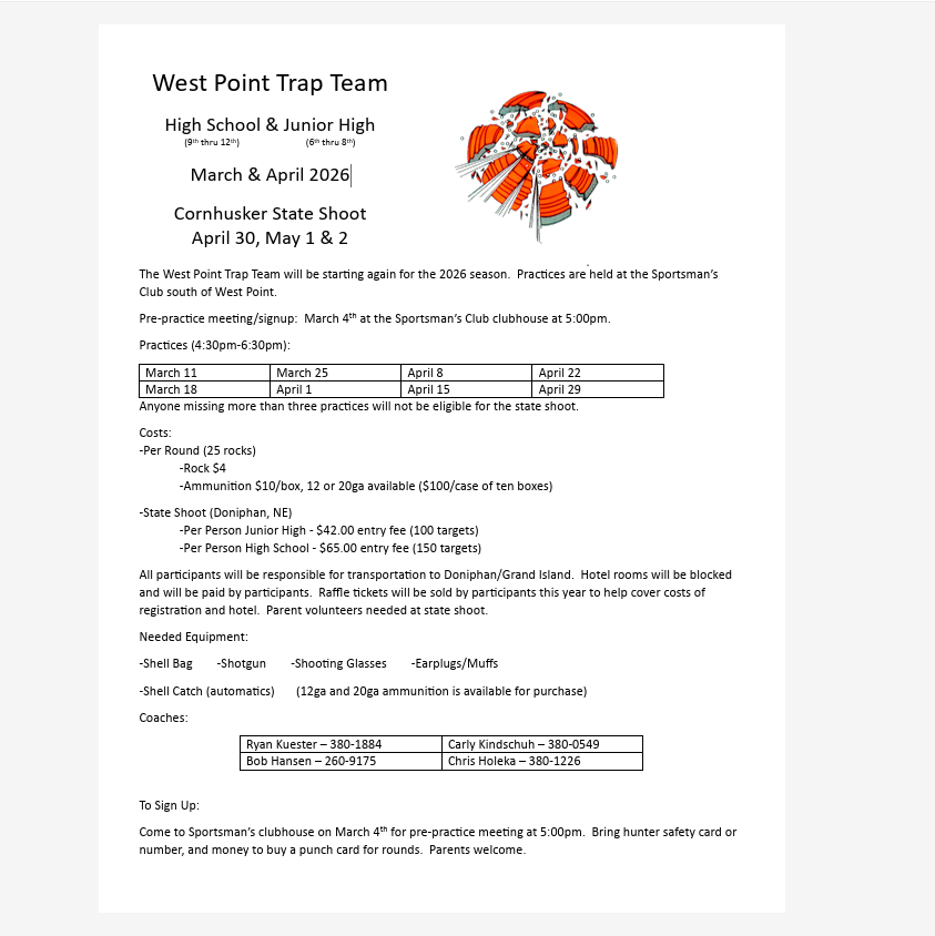 The West Point Trap Team will be starting again for the 2026 season.  Any High School (9th thru 12th) & Junior High (6th thru 8th) student interested, please see attached flyer for more information!
