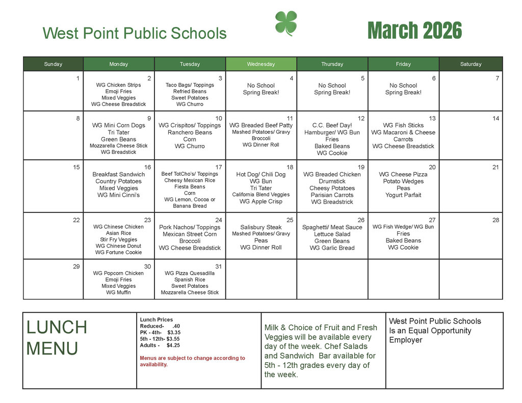 Breakfast & Lunch Menus for the month of March 🍀  Breakfast: https://aptg.co/qFvsF4   Lunch: https://aptg.co/QzFMyX   #cadetpride⚔️