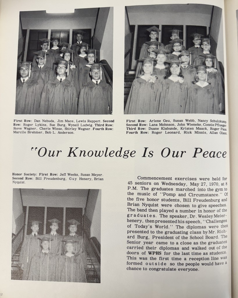 56 Years Ago in Cadet History…  1970: a time of moon landings, peace signs, and a world changing fast.   This yearbook was dedicated to retiring teacher Mr. Reuben Alberding, who gave 21 consecutive years to WPHS, leaving a lasting mark on generations of Cadets.  It also captured the graduation of the Class of 1970 in their final moments as Cadets, standing on the edge of a brand-new decade full of possibility.  As the ’60s faded and the ’70s began, one thing stayed constant: Cadet pride!  #throwbackthursday #cadetpride⚔️