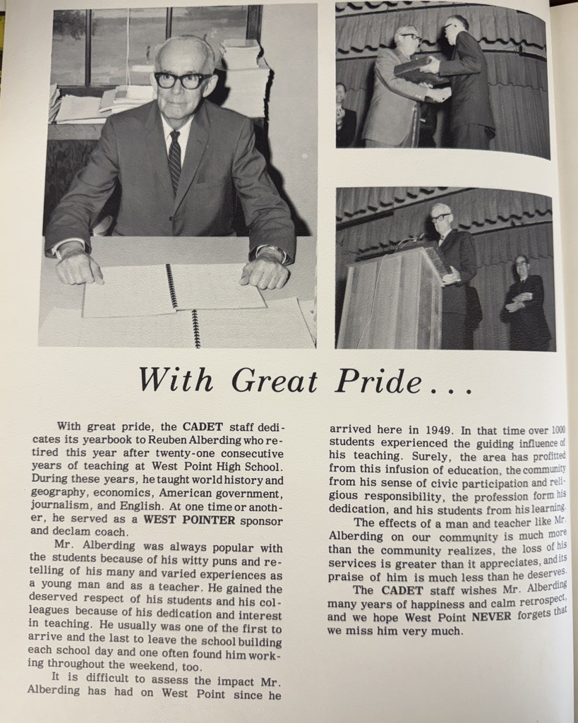 56 Years Ago in Cadet History…  1970: a time of moon landings, peace signs, and a world changing fast.   This yearbook was dedicated to retiring teacher Mr. Reuben Alberding, who gave 21 consecutive years to WPHS, leaving a lasting mark on generations of Cadets.  It also captured the graduation of the Class of 1970 in their final moments as Cadets, standing on the edge of a brand-new decade full of possibility.  As the ’60s faded and the ’70s began, one thing stayed constant: Cadet pride!  #throwbackthursday #cadetpride⚔️