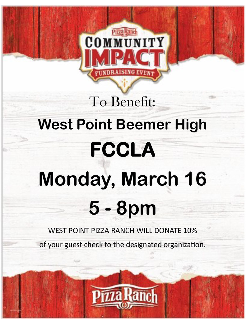 Support FCCLA at Pizza Ranch! 🍕❤️    Stop by the West Point Pizza Ranch on Monday, March 16 from 5-8 PM for a Community Impact Night! During this time, 10% of guest checks will be donated to FCCLA.   Funds raised will help make the FCCLA State Leadership Conference more affordable for our members. Stop by for some great food and help support our Cadets! 👏   #cadetpride⚔️