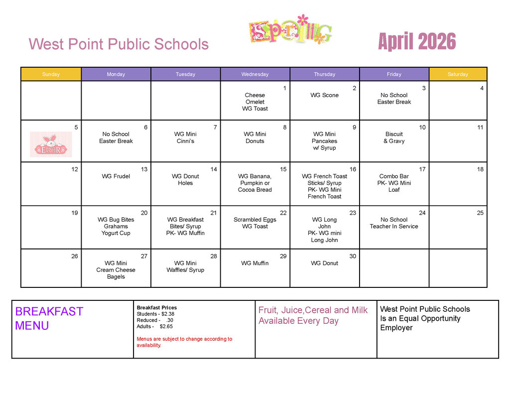 Breakfast & Lunch Menus for the month of April 🐣  #cadetpride⚔️