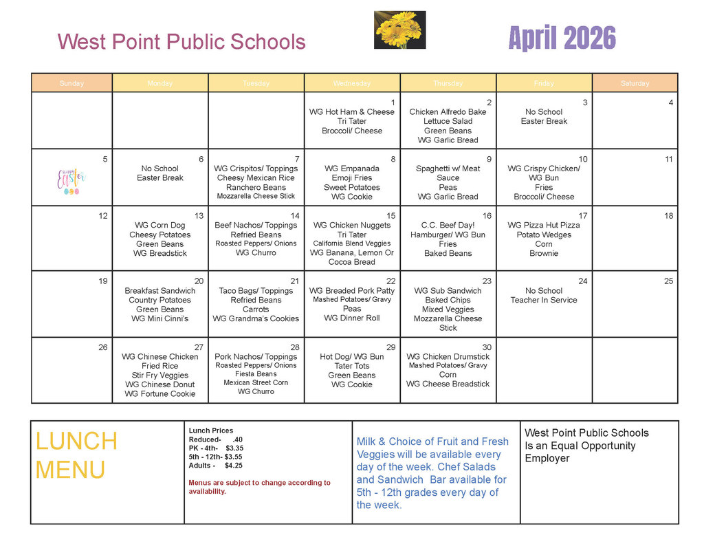 Breakfast & Lunch Menus for the month of April 🐣  #cadetpride⚔️