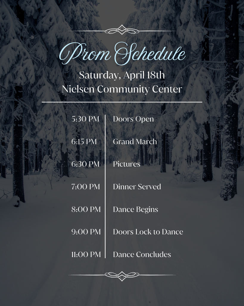Prom 2026! ❄️🌲   We’re just over 3 weeks away from this year’s “Frosty Forest” Prom! ✨🌲❄️   Juniors and Seniors: don’t forget to fill out and turn in your guest permission forms to the high school office by April 8th to make sure you’re ready for the big night!   We can’t wait to see everyone on Saturday, April 18th!   #cadetpride⚔️