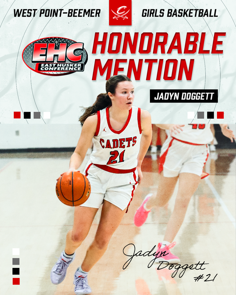Congratulations to Jadyn Doggett for being voted on to the 2026 East Husker Conference All-Conference Girls Basketball Team!   Jadyn Doggett (Sophomore) - Honorable Mention All-Conference   #cadetpride⚔️