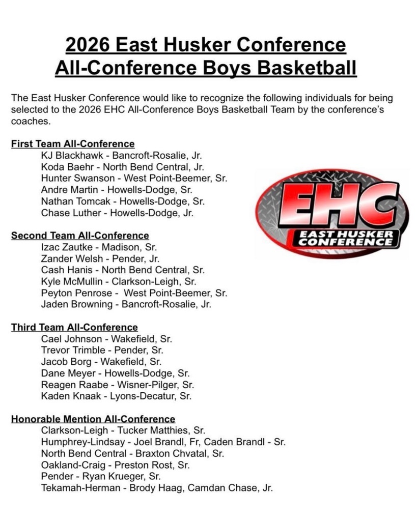 Congratulations to the following Cadets for being voted on to the 2026 East Husker Conference All-Conference Boys Basketball Team!   Hunter Swanson (Senior) - First Team All-Conference Peyton Penrose (Senior) - Second Team All-Conference   #cadetpride⚔️