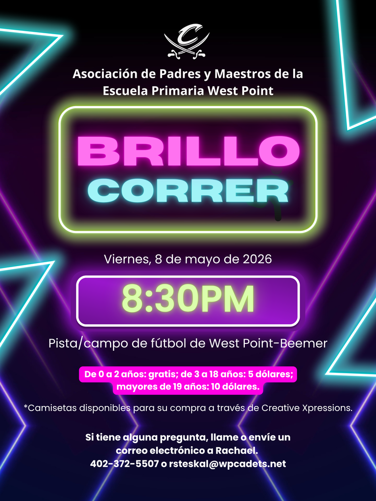 The Glow Run is BACK! 🏃‍♀️✨  Join us for the West Point Elementary PTO Glow Run - a fun-filled, family-friendly night of running, walking, glowing, and making memories!  📅 Friday, May 8, 2026 📍 West Point-Beemer Track/Football Field ⏰ Check-in: 7:45 PM (Concession Stand) 🏁 Run: 8:30–9:00 PM  🎨 Free face paint at check-in 💡 Wear your neon & glow gear  💲 Ages 0–2: Free | 3–18: $5 | 19+: $10 📝 Register by May 7 at 4:00 PM 👉 https://myevent.com/westpointelementaryptoglowrun2026/tickets   👕 Glow shirts available (*not included in ticket purchase; order by April 16 at noon): 👉 https://westpointbeemerglowrun2026.itemorder.com/shop/home/   Bring the whole family—run, walk, or just come for the fun!  Call or email Rachael in the Elementary Office with questions: 402-372-5507 or rsteskal@wpcadets.net  #cadetpride⚔️