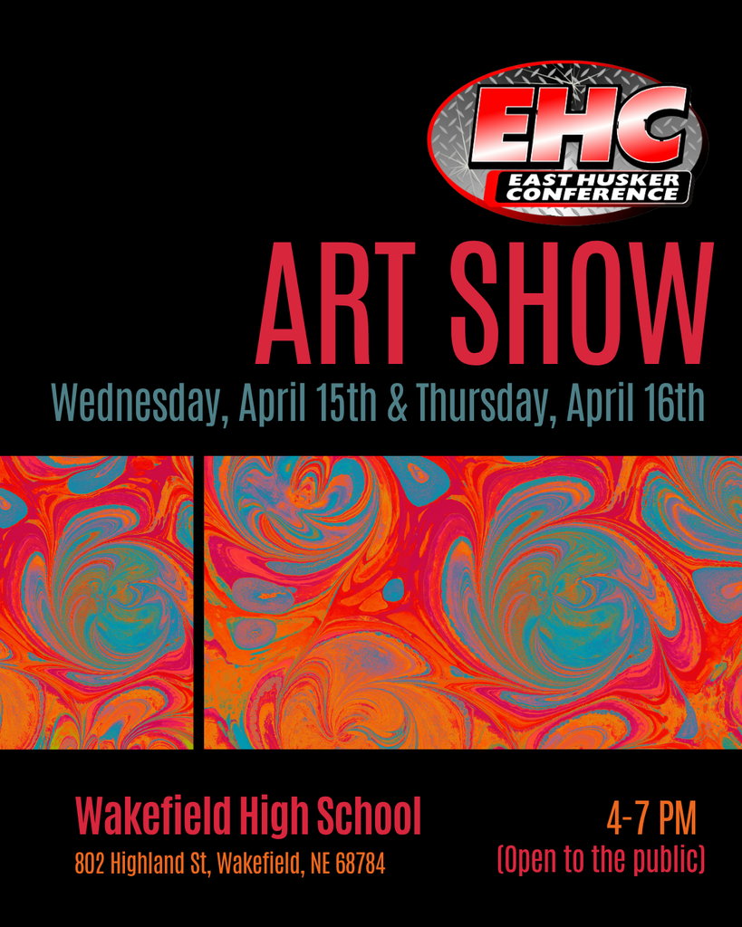 East Husker Conference Art Show 🎨  Come check out incredible student artwork from across the conference at Wakefield High School!  Open to the Public: Wednesday, April 15 | 4:00–7:00 PM Thursday, April 16 | 4:00–7:00 PM  Support our talented Cadets and enjoy an evening of creativity and inspiration!   #cadetpride⚔️