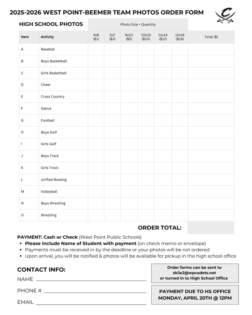 High School Team Photos for the 2025-2026 school year are available to order! 📷  Orders & Payment are due to the High School Office by Monday, April 20th @ 12PM.  Download Fillable PDF Form HERE: https://aptg.co/6zznZv   Order forms can be emailed to skile2@wpcadets.net, or turned in along with payment to the High School Office.  PAYMENT: Cash or check payable to West Point Public Schools (please include student’s name with payment).  A separate junior high order will be placed later this spring.  #cadetpride⚔️