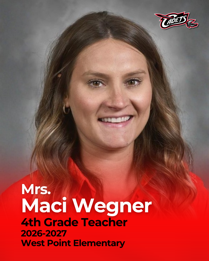 Please help us extend a warm welcome to our new 4th Grade teacher, Maci Wegner!  Maci earned bachelor’s degrees in Elementary Education and Special Education from the University of Nebraska–Lincoln and later completed her Master’s degree in PK–8 Administration from Wayne State College.  She began her teaching career as a Kindergarten teacher and has spent the past five years at North Bend Central teaching elementary special education.  Mrs. Wegner is excited to meet her students, build meaningful connections, and create a positive, engaging classroom environment at West Point Elementary.  We are excited to have her join the Cadet family and look forward to the impact she will make in our classrooms!  #cadetpride⚔️
