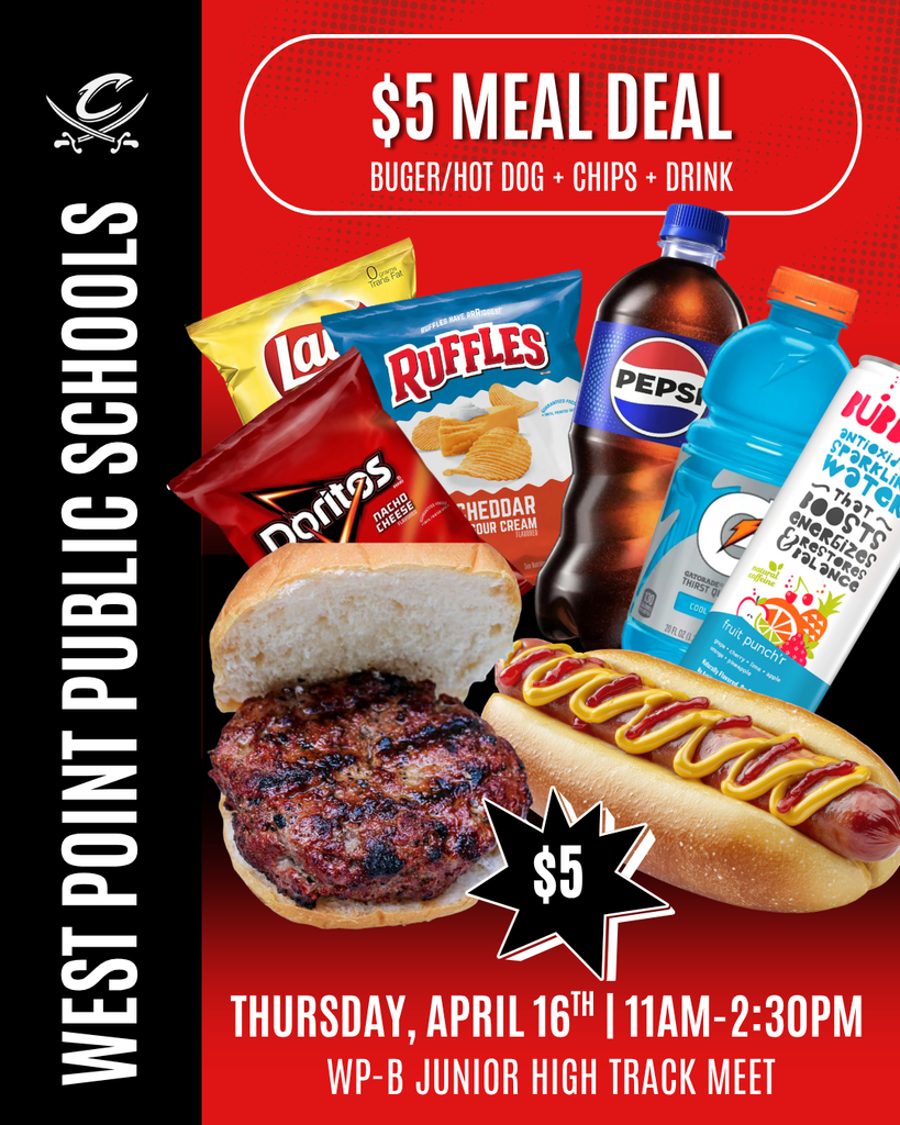 Tomorrow during the Junior High Track Meet, the concession stand will be serving up a $5 meal deal! Get a burger or hot dog + chips + a drink for only $5!  The meal deal will be available beginning at 11AM and will be served until 2:30PM (while supplies last).   The meal is available to everyone and proceeds will go to Junior High concessions! Be sure to stop by and support!  #cadetpride⚔️