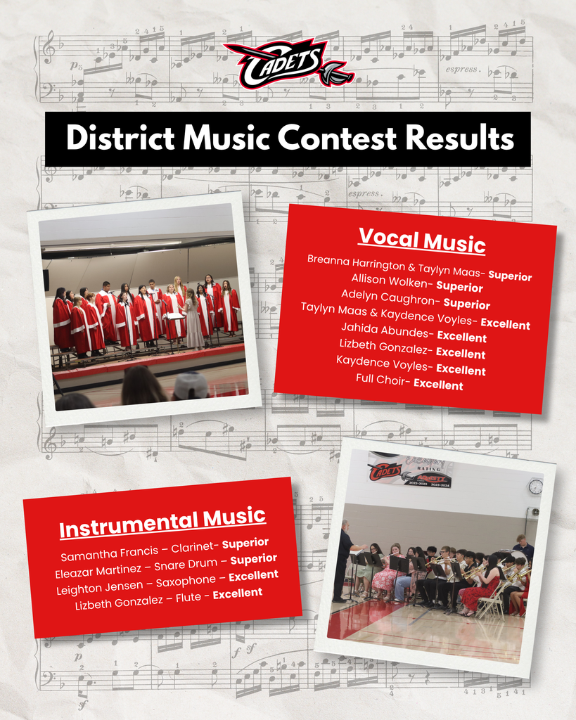 Cadets shine at District Music Contest! 🎶   We’re so proud of our students for their outstanding performances at the District Music Contest in South Sioux City this past Friday!    Vocal Music Breanna Harrington & Taylyn Maas- Superior Allison Wolken- Superior  Adelyn Caughron- Superior  Taylyn Maas & Kaydence Voyles- Excellent Jahida Abundes- Excellent Lizbeth Gonzalez- Excellent Kaydence Voyles- Excellent Full Choir- Excellent   Instrumental Music Samantha Francis – Clarinet-Superior Eleazar Martinez – Snare Drum – Superior Leighton Jensen – Saxophone – Excellent Lizbeth Gonzalez – Flute - Excellent   Congratulations to all of our talented Cadets! 👏   #cadetpride⚔️