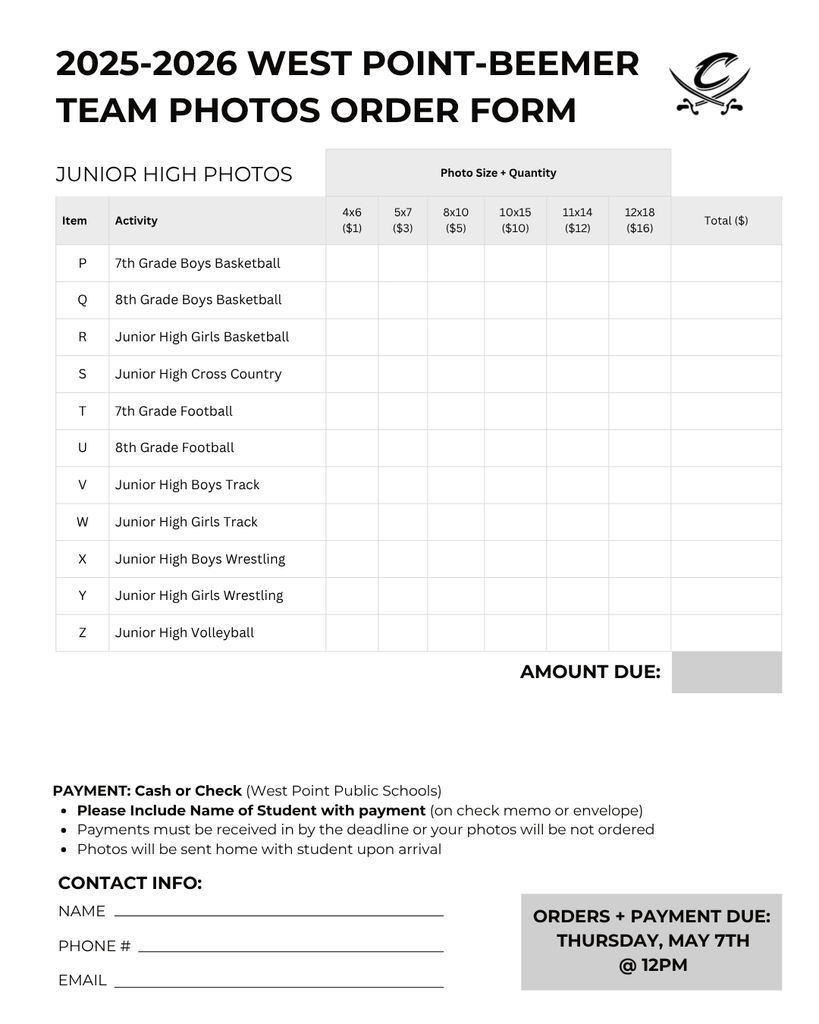 Junior High Team Photos for the 2025-2026 school year are available to order! 📷 Orders & Payment are due to the High School Office by Thursday, May 7th @ 12PM. Download Fillable PDF Form HERE: https://aptg.co/cH0Jhr Order forms can be emailed to skile2@wpcadets.net, or turned in along with payment to the High School Office. PAYMENT: Cash or check payable to West Point Public Schools (please include student’s name with payment) turned into the High School Office. This will be our final order for the 2025-2026 school year! #cadetpride⚔️