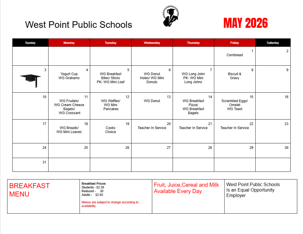 Breakfast & Lunch Menus for the month of May 🌸 #cadetpride⚔️