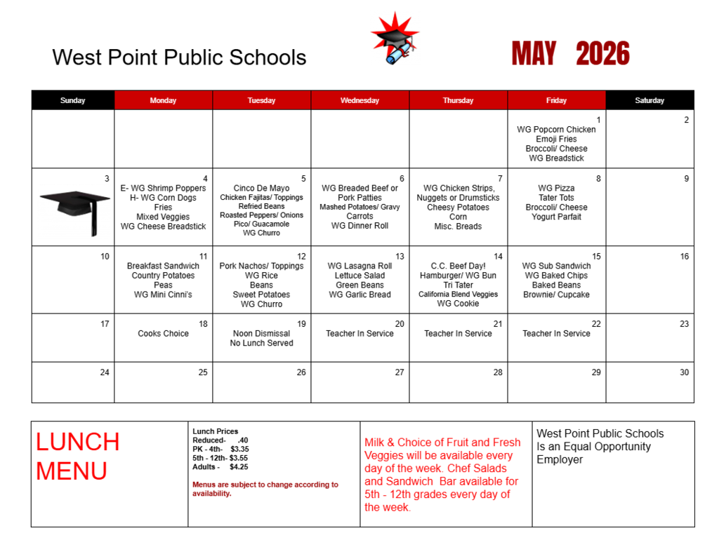 Breakfast & Lunch Menus for the month of May 🌸 #cadetpride⚔️