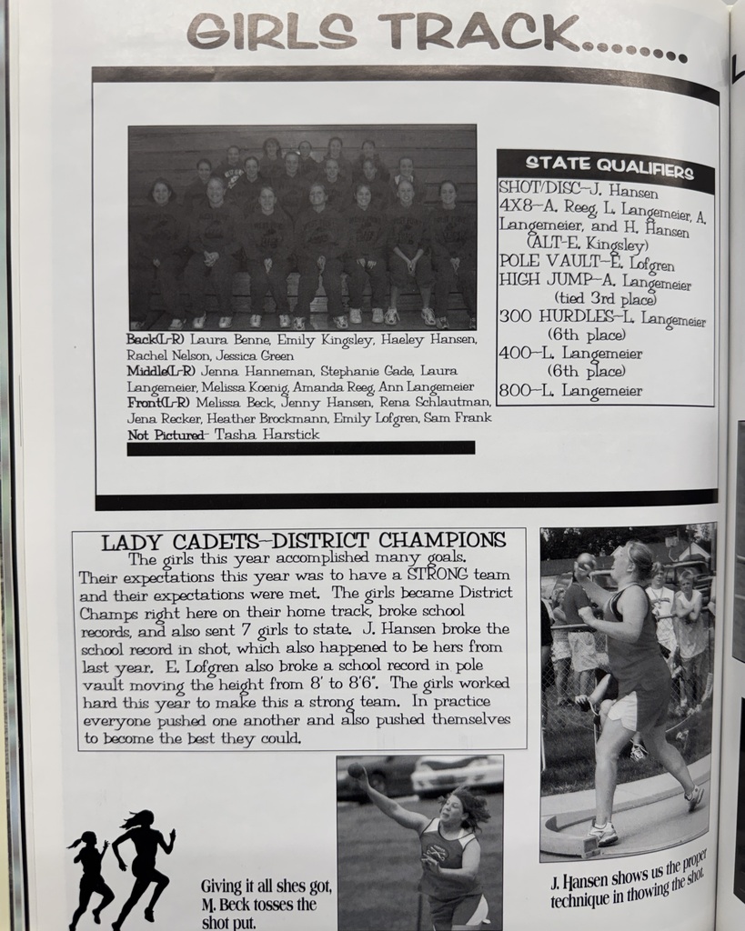 22 Years Ago in Cadet History… The 2003–2004 school year: a time when iPods were brand new, flip phones ruled the hallways, and track athletes probably had “Yeah!” by Usher stuck in their heads on the bus rides home!📱 The Student Council consisted of 24 members who helped coordinate many events throughout the year, like Homecoming dress up days, Valentine’s compatibility cheers, and elementary school workshops! The Boys Track team had 4 State Qualifiers, and the Girls Track finished as District Champions, with 6 State Qualifiers! Some things may have changed since 2004… but Cadet pride never does! #throwbackthursday #cadetpride⚔️