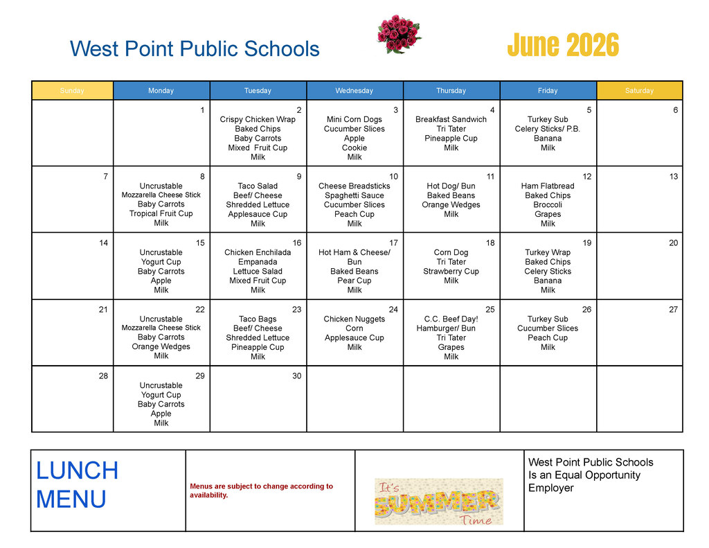 Breakfast & Lunch Menus for the Summer Food Program for the month of June 🌞 #cadetpride⚔️