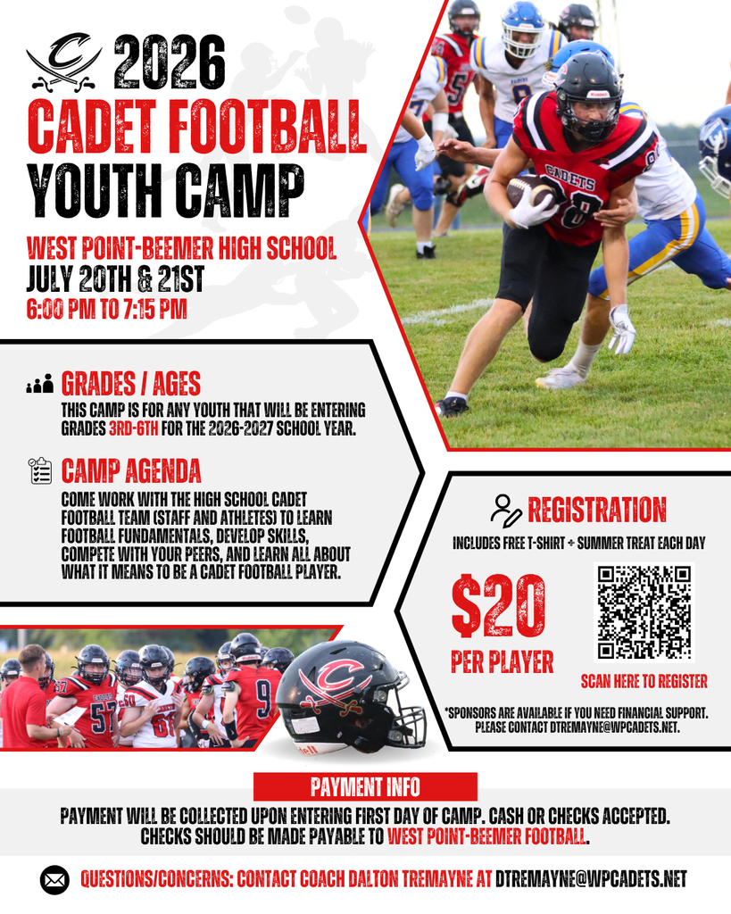 Registration is now open for our Cadet Football Camps this summer at West Point-Beemer! 🏈 3rd-6th Grade Youth Camp July 20th & 21st, 6:00 PM - 7:15 PM Cost: $20 per player (Includes a FREE camp t-shirt + a treat each day!) 🔗 Register here: https://forms.gle/G4szGLeXGy18dMYB6 🏈 7th-8th Grade Junior High Camp July 27th, 28th, & 30th (*note, no camp on July 29th), 7:30 AM - 8:30 AM Cost: $20 per player (Includes a FREE camp t-shirt + a treat each day!) 🔗 Register here: https://forms.gle/wYpvqyoZ3ySFJf478 This is a great opportunity to work with our Cadet coaches and players while having fun with friends! Questions? Contact Coach Tremayne at dtremayne@wpcadets.net. #cadetpride⚔️