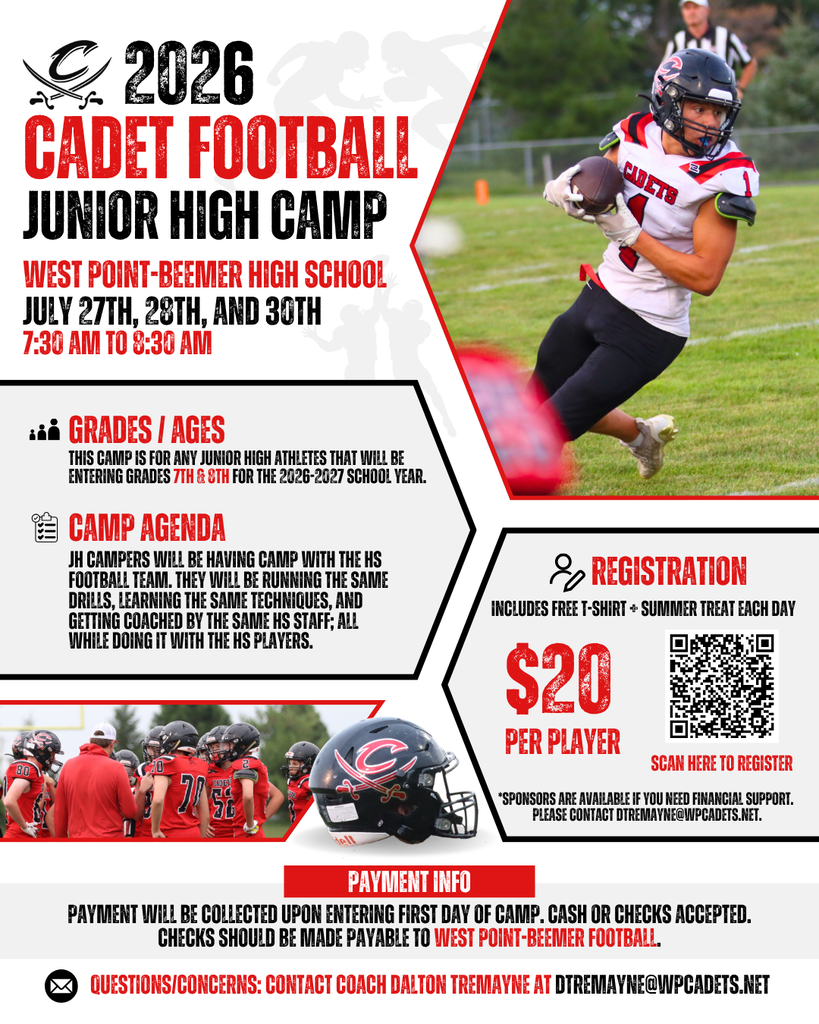 Registration is now open for our Cadet Football Camps this summer at West Point-Beemer! 🏈 3rd-6th Grade Youth Camp July 20th & 21st, 6:00 PM - 7:15 PM Cost: $20 per player (Includes a FREE camp t-shirt + a treat each day!) 🔗 Register here: https://forms.gle/G4szGLeXGy18dMYB6 🏈 7th-8th Grade Junior High Camp July 27th, 28th, & 30th (*note, no camp on July 29th), 7:30 AM - 8:30 AM Cost: $20 per player (Includes a FREE camp t-shirt + a treat each day!) 🔗 Register here: https://forms.gle/wYpvqyoZ3ySFJf478 This is a great opportunity to work with our Cadet coaches and players while having fun with friends! Questions? Contact Coach Tremayne at dtremayne@wpcadets.net. #cadetpride⚔️