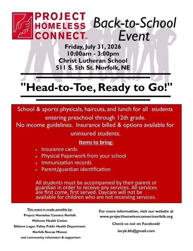 Project Homeless Connect in Norfolk is hosting a Back-to-School event for any PK-12th Grade area students. See attached flyer for more information!