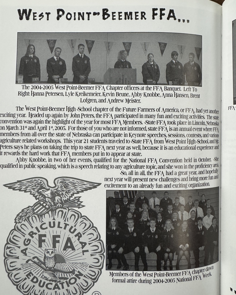 21 years ago in Cadet History...  2004–2005 - "You Do Your Thing"!  Back in 2005, students were customizing their MySpace profiles, downloading songs onto their iPods, texting on flip phones, and watching shows like American Idol and The O.C.!  This yearbook highlighted Student Life and the West Point-Beemer FFA Chapter, showcasing everything from everyday moments in the halls to the leadership, hard work, and agricultural experiences that have long been a part of WPB tradition.  Whether they were in the classroom, at FFA events, or just enjoying life with friends, these Cadets were busy "doing their thing" and creating memories that still make us smile 21 years later!  #throwbackthursday #cadetpride⚔️
