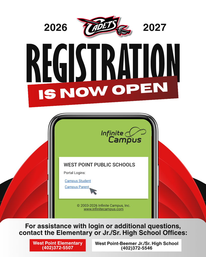 Online Registration is now OPEN for the 2026-2027 School Year!   ALL new and returning students must be registered prior to the first day of school.   Register through the Infinite Campus Parent Portal HERE: https://tinyurl.com/2bn6eckj *Once you are logged in, click on MORE > Online Registration > New Student Registration OR Existing Student Registration.   Watch your mailbox for our annual mailing and let any of the offices know if you have any questions or need help logging in.   If you need assistance or translation, stay tuned for an announcement on dates both the Elementary and Jr./Sr. High School Office will be open for assistance.   #cadetpride⚔️