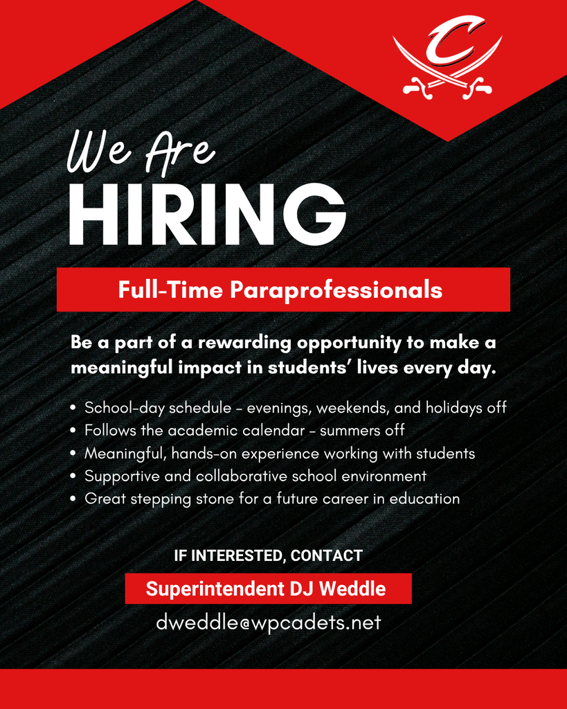 Join Our Team at West Point Public Schools!  We're hiring Full-Time Paraprofessionals for the 2026-2027 school year.  For more details & to apply, visit: 🔗 https://www.wpcadets.org/page/employment-opportunities  Apply in person at 1200 E Washington St (south side of HS)  Position open until filled | EOE  #cadetpride⚔️