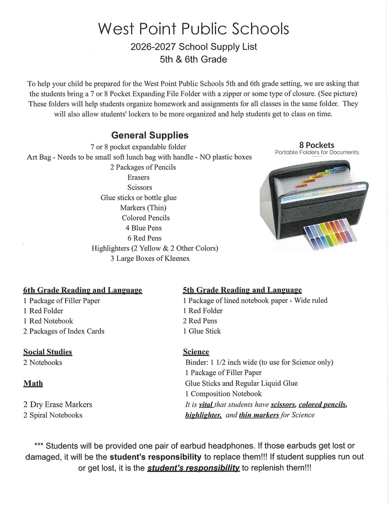 5th and 6th grade English Supply List