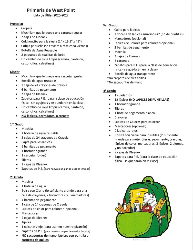 Elementary Spanish School Supply List