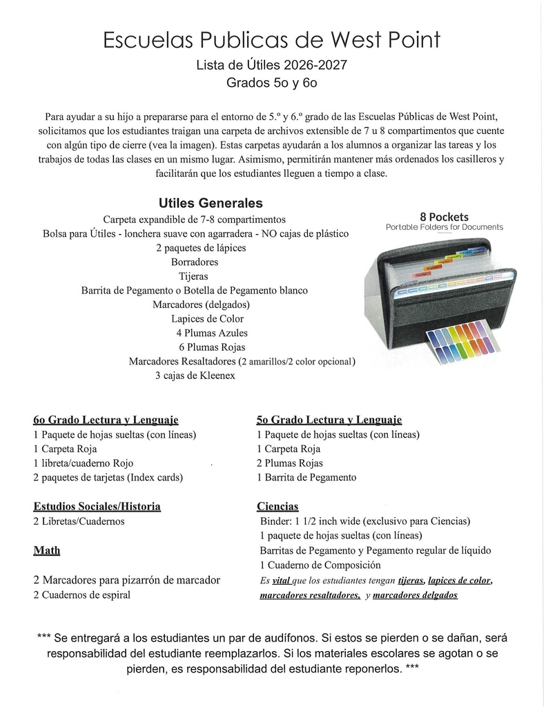 5th and 6th Spanish School Supply List