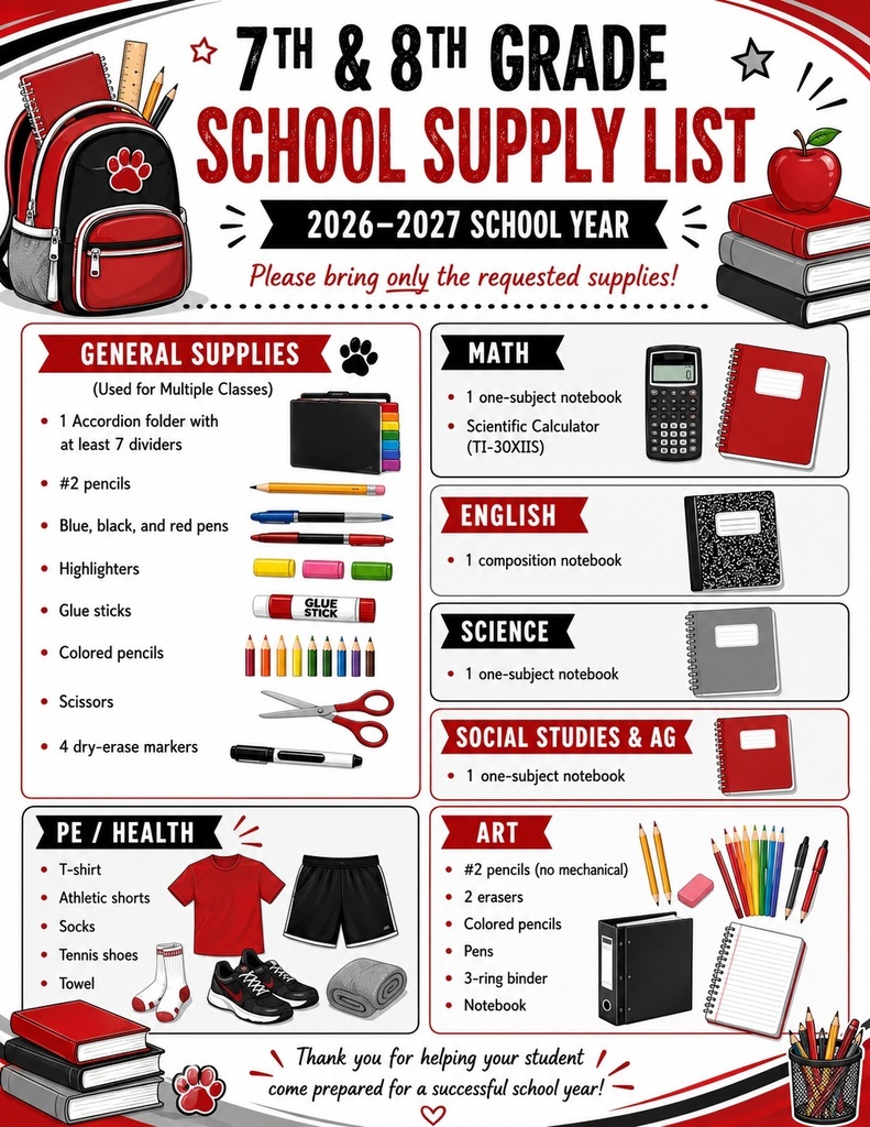 The 2026-2027 7th & 8th Grade School Supply List!  #cadetpride⚔️