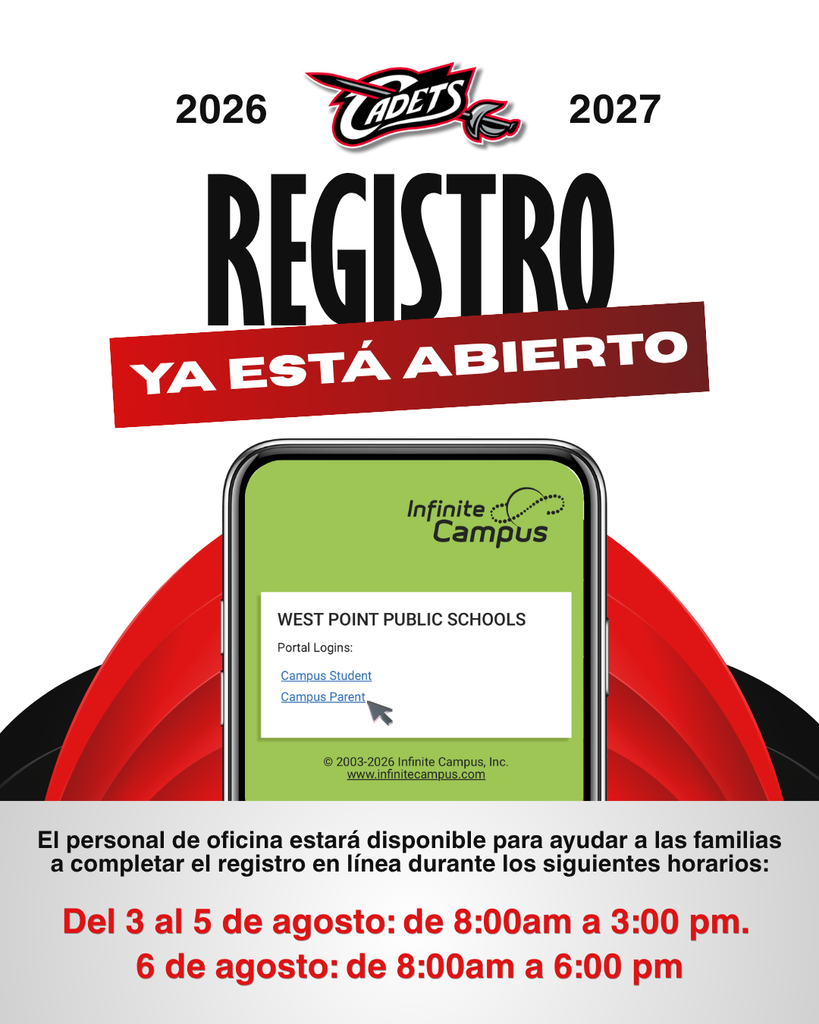Need help with Online Registration?   West Point Public Schools will have staff available to assist families with completing Online Registration during the following times:   📅 August 3rd-5th: 8:00 AM – 3:00 PM 📅 August 6th: 8:00 AM – 6:00 PM   ALL new and returning students must be registered prior to the first day of school.   Register through the Infinite Campus Parent Portal HERE: https://tinyurl.com/2bn6eckj   *Once you are logged in, click on MORE > Online Registration > New Student Registration OR Existing Student Registration.   We look forward to welcoming our Cadets back soon!   #cadetpride⚔️