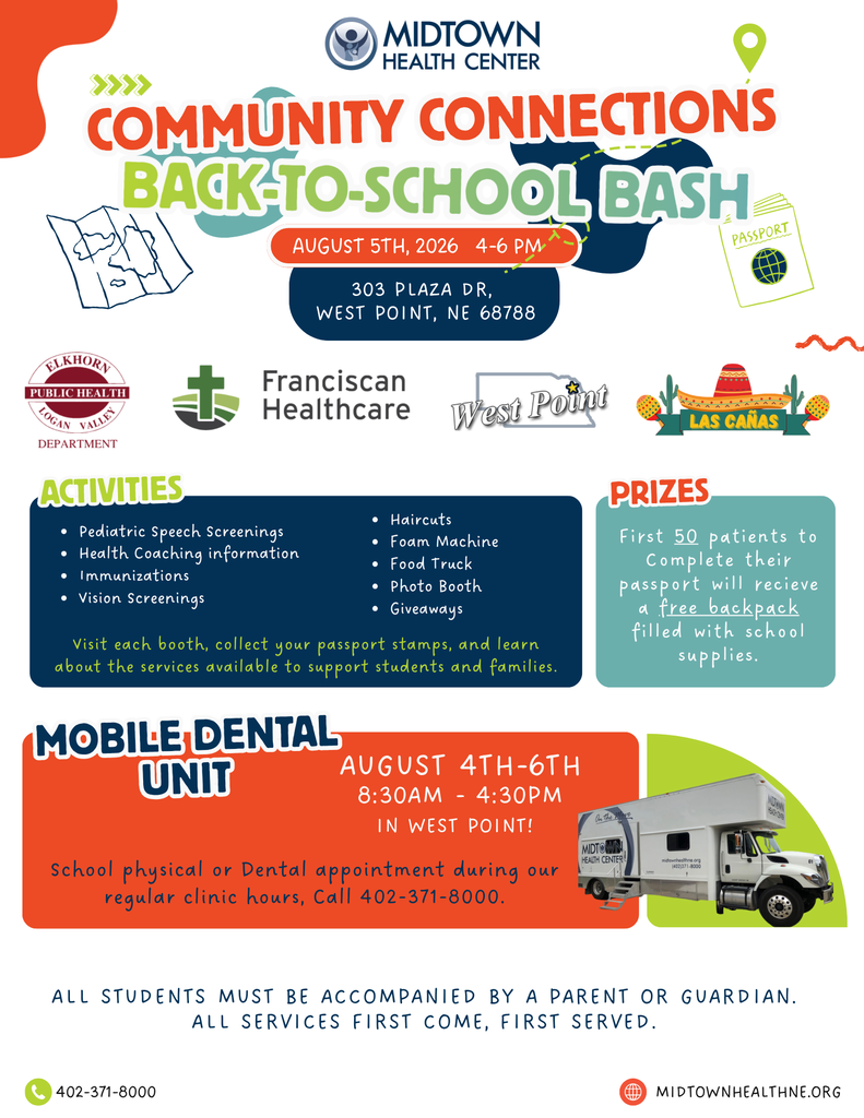 Community Connections Back-To-School Bash in West Point is happening Wednesday, August 5th. See the flyer for more details!