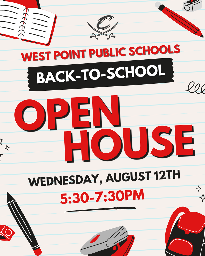 Join us for the West Point Public Schools Open House on Wednesday, August 12th from 5:30 - 7:30 PM! All students and their families are invited to explore their classrooms, meet the teachers, and get ready for an exciting new school year! We can’t wait to see you there! ❤️ #cadetpride⚔️
