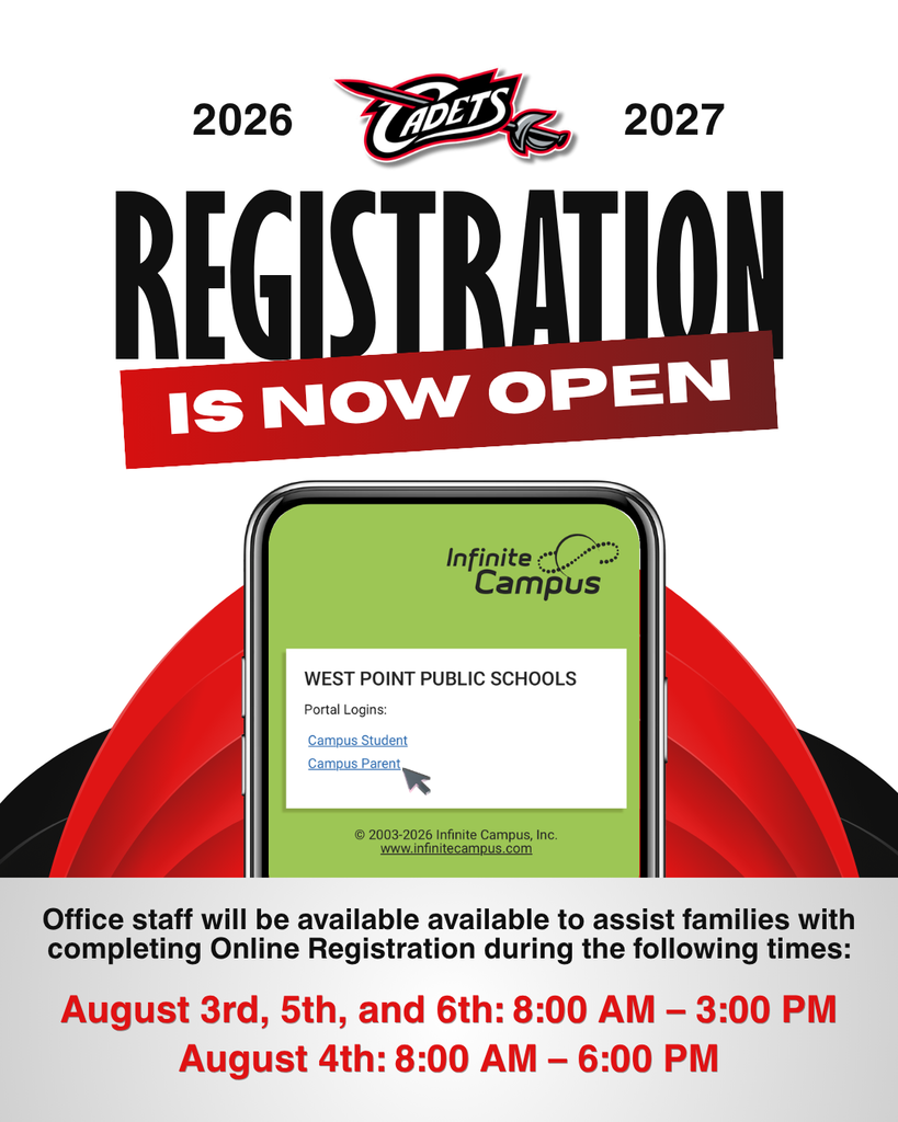 Online Registration Assistance Update! Due to scheduling conflicts with the Cuming County Fair, we have adjusted our extended hours for Online Registration assistance. NEW Hours: August 3rd: 8:00 AM – 3:00 PM **August 4th: 8:00 AM – 6:00 PM** August 5th: 8:00 AM – 3:00 PM August 6th: 8:00 AM – 3:00 PM ALL new and returning students must be registered prior to the first day of school. Register through the Infinite Campus Parent Portal HERE: https://tinyurl.com/2bn6eckj *Once you are logged in, click on MORE > Online Registration > New Student Registration OR Existing Student Registration. We look forward to welcoming our Cadets back soon! #cadetpride⚔️