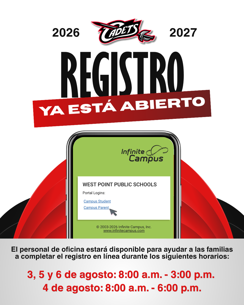 Online Registration Assistance Update! Due to scheduling conflicts with the Cuming County Fair, we have adjusted our extended hours for Online Registration assistance. NEW Hours: August 3rd: 8:00 AM – 3:00 PM **August 4th: 8:00 AM – 6:00 PM** August 5th: 8:00 AM – 3:00 PM August 6th: 8:00 AM – 3:00 PM ALL new and returning students must be registered prior to the first day of school. Register through the Infinite Campus Parent Portal HERE: https://tinyurl.com/2bn6eckj *Once you are logged in, click on MORE > Online Registration > New Student Registration OR Existing Student Registration. We look forward to welcoming our Cadets back soon! #cadetpride⚔️