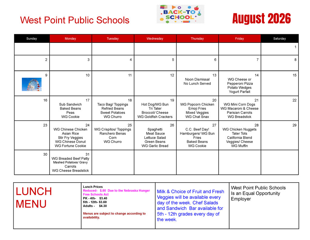 Breakfast & Lunch Menus for the month of August 🌞 #CadetPride⚔️