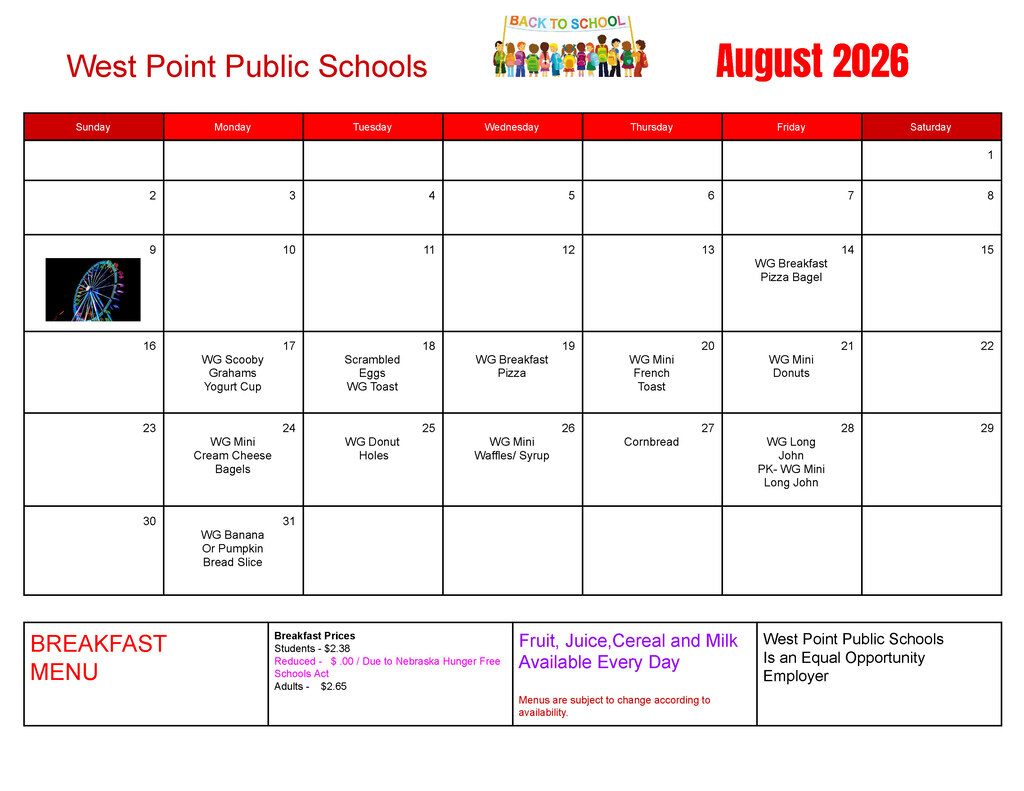 Breakfast & Lunch Menus for the month of August 🌞 #CadetPride⚔️