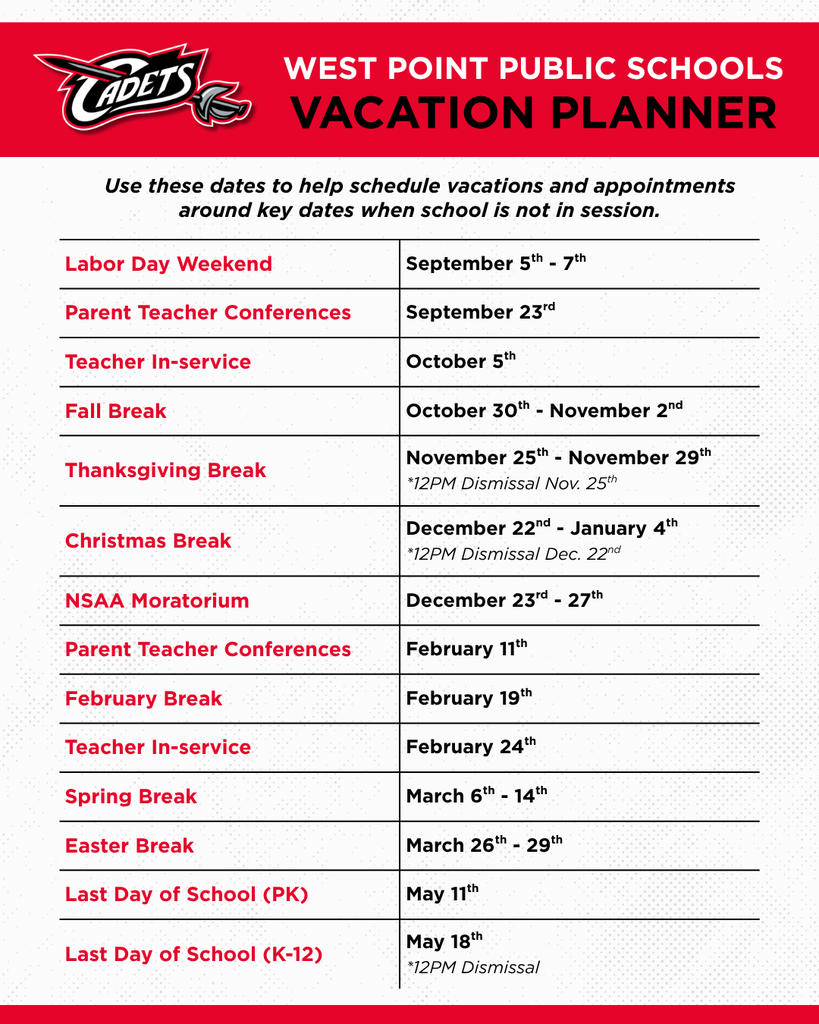 Plan Ahead for a Great School Year! 🗓️ Looking ahead to schedule a family vacation or doctor's appointment? We've put together a calendar of our 2026-2027 No School Days to help families plan ahead. Whenever possible, we encourage scheduling trips, appointments, and other activities on days when school is not in session. Every day in the classroom matters. Consistent attendance helps students stay engaged, build strong routines, and make the most of every learning opportunity. Thank you for partnering with us to make student attendance a priority! #CadetPride⚔️