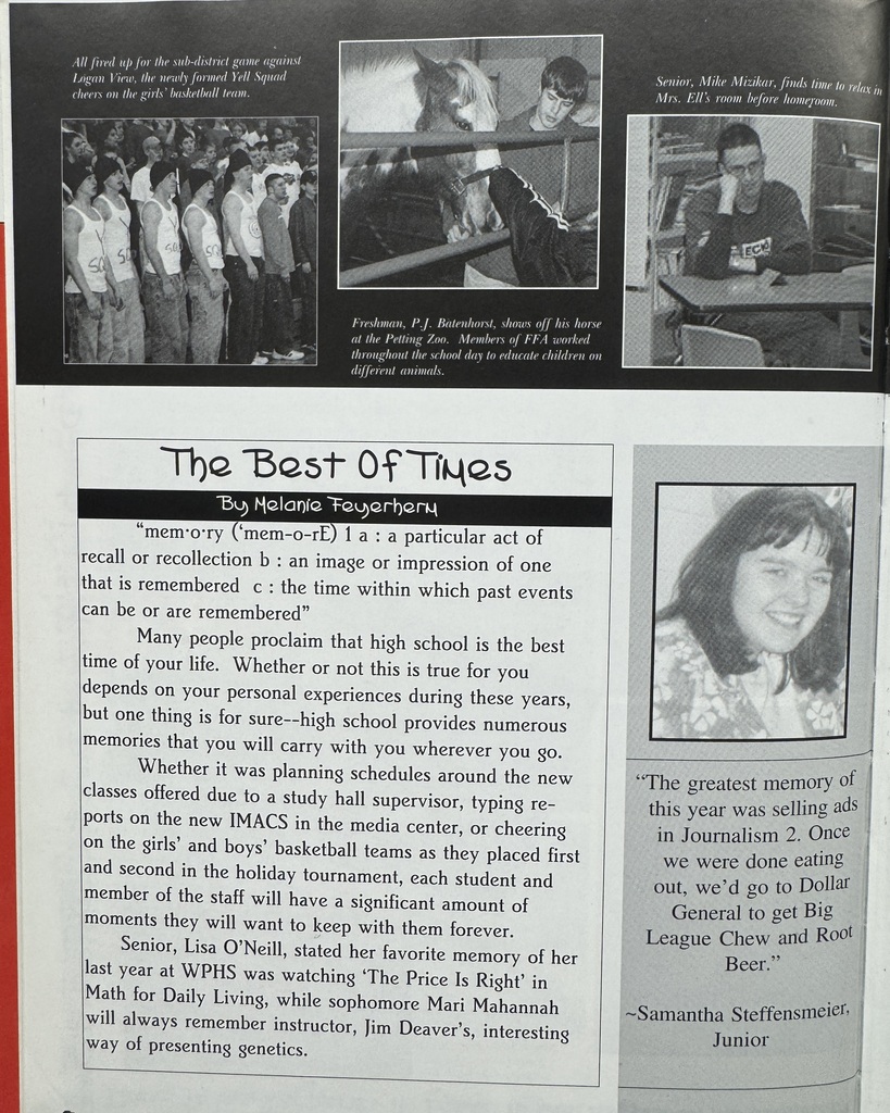 26 years ago in Cadet History...  The 2000–2001 school year challenged Cadets to "Dare to Be Different"!  This week's featured yearbook pages showcased the year's theme, "Changes Create Happy Reactions," and "The Best of Times," capturing the friendships, laughter, and everyday moments that made life at WPHS special.  Back in 2000, students were logging onto AOL with the unmistakable dial-up sound, customizing their AIM away messages, playing Pokémon Gold & Silver on their Game Boys, and listening to artists like *NSYNC, Destiny's Child, and Creed. If you wanted to take a picture with friends, you had to wait for the film to be developed!  Twenty-six years later, one thing is still true: the best high school memories come from being yourself, trying something new, and making the most of every moment.  #ThrowbackThursday #CadetPride⚔️