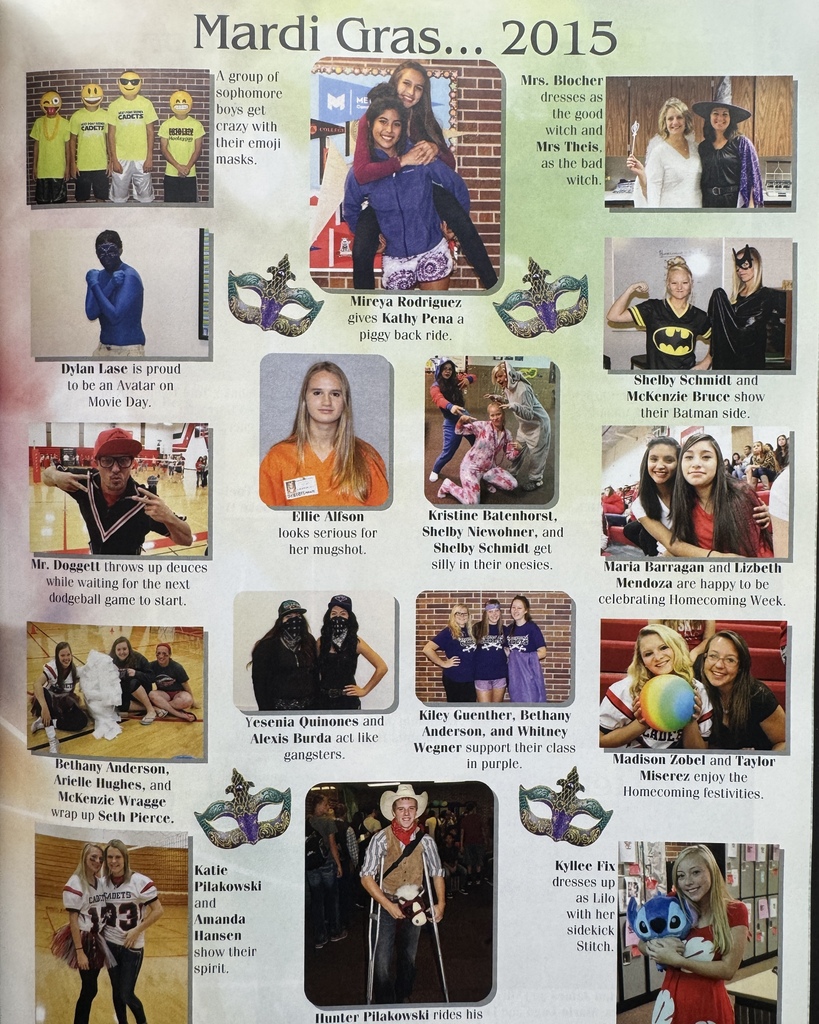 11 years ago in Cadet History...  The 2015–2016 school year proved that sometimes you can tell a great story in just a few moments… "Long Story Short"!   This week's pages took us back to Homecoming Week and a Mardi Gras-themed Homecoming celebration! From dress-up days and school spirit to the parade, pep rally, football game, and dance, it was a week packed with purple, green, gold, and plenty of Cadet pride!  Back in 2015, students were snapping photos with the dog filter on Snapchat, singing along to Adele's Hello and Justin Bieber's Sorry, and seeing who could keep the longest streaks. Hoverboards were the hottest trend and everyone was trying to master the perfect Boomerang on Instagram.  Long story short? Homecoming has always been about more than decorations and dress-up days… It's about creating memories, celebrating school spirit, and making friendships that last long after the final bell.  #ThrowbackThursday #CadetPride⚔️