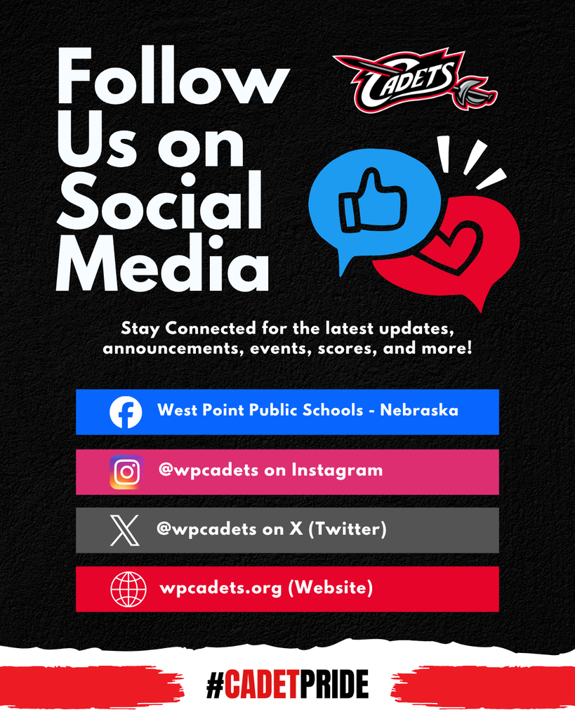 Stay Connected with West Point Public Schools! 📲 Don't miss out on school news, event reminders, student achievements, weather updates, photos, and everything happening around Cadet Nation! Be sure to follow us on all of our official platforms: 📘 Facebook: West Point Public Schools - Nebraska 📸 Instagram: @wpcadets ✖️ X (Twitter): @wpcadets 🌐 Website: https://www.wpcadets.org/ Get connected to stay informed all year long! #CadetPride⚔️