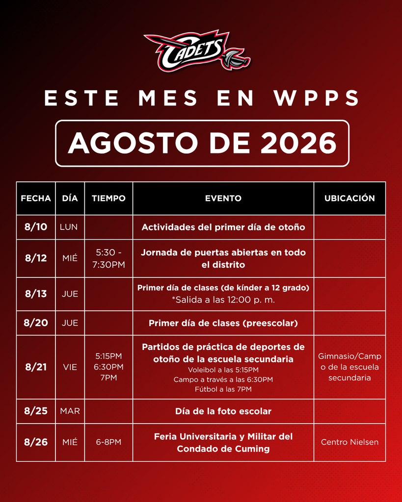 What's happening this month at WPPS? Here's a quick look at important dates and events you won't want to miss in the month of August! #CadetPride⚔️