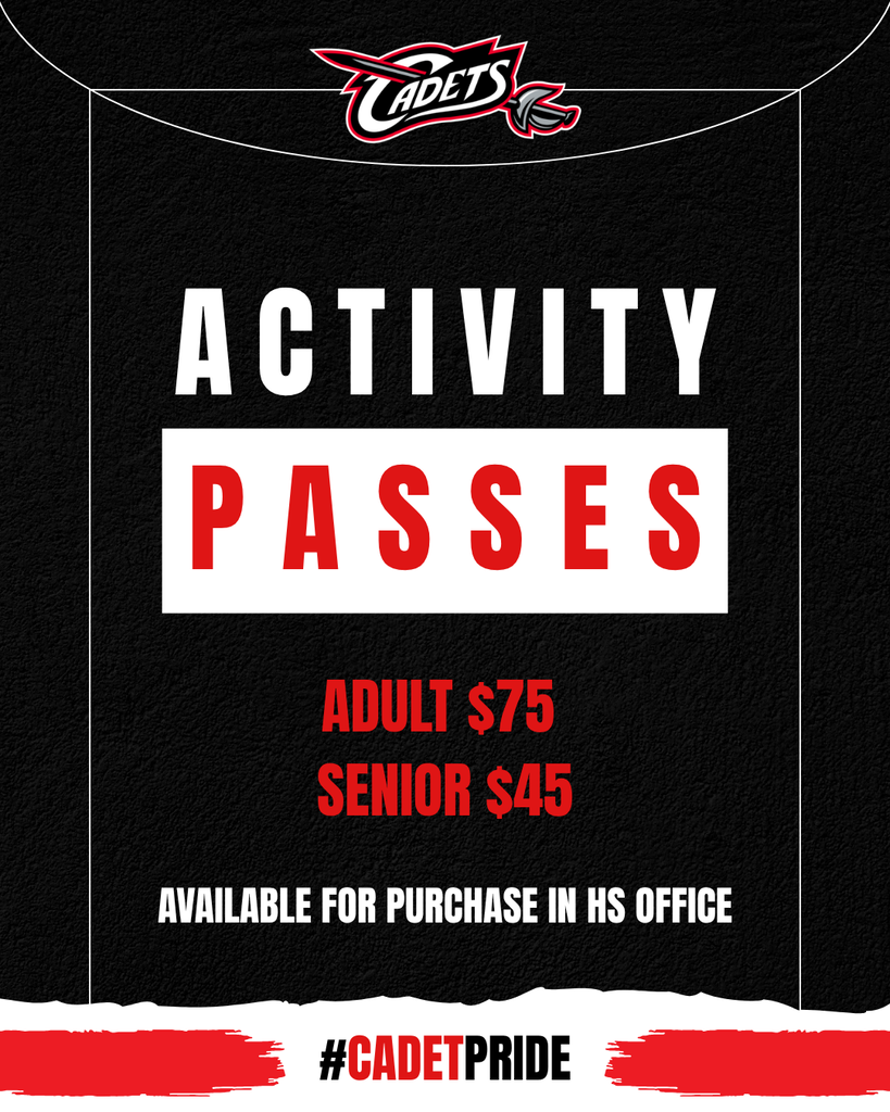Gear up for another year of Cadet activities! ❤️🤍🖤⚔️ The Cadet Apparel Store has been EXTENDED through August 25! Grab your Cadet gear HERE: https://cadets2026.itemorder.com/shop/sale/ Activity Passes are also available for purchase in the High School Office! 🎟️ Adult Pass - $75 Senior Pass - $45 #CadetPride⚔️