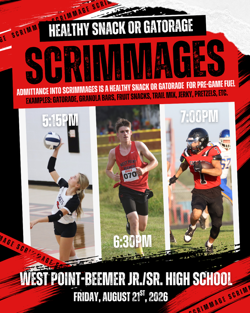 Help us kick off the fall sports season at our Healthy Snack/Gatorade Scrimmages! 🏐🏃♂️🏈 Admission is a healthy snack or Gatorade to help fuel our athletes before games, like granola bars, fruit snacks, trail mix, jerky, pretzels, and more. Friday, August 21st, 2026 🏐 Volleyball @ 5:15pm 🏃♂️ Cross Country @ 6:30pm 🏈 Football @ 7:00pm #CadetPride⚔️