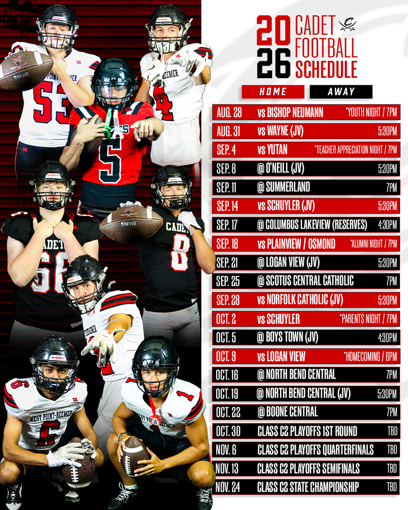Our fall sports teams are ready to compete, and we want YOU to support our Cadets all season long! ⚔️ Cadet athletic fans can follow each of our fall sports teams for updates, information, and results! Volleyball: West Point-Beemer Volleyball Girls Golf Football: West Point-Beemer Cadets Football Cross Country: West Point-Beemer Cross Country Cheer & Dance: West Point Beemer Dance & Cheer #CadetPride⚔️