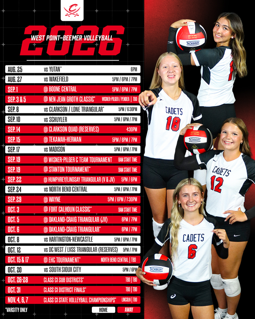 Our fall sports teams are ready to compete, and we want YOU to support our Cadets all season long! ⚔️ Cadet athletic fans can follow each of our fall sports teams for updates, information, and results! Volleyball: West Point-Beemer Volleyball Girls Golf Football: West Point-Beemer Cadets Football Cross Country: West Point-Beemer Cross Country Cheer & Dance: West Point Beemer Dance & Cheer #CadetPride⚔️